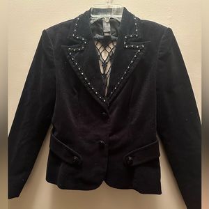 Bisou Bisou black glittery jacket beaded buttons rhinestones back cut out lace
